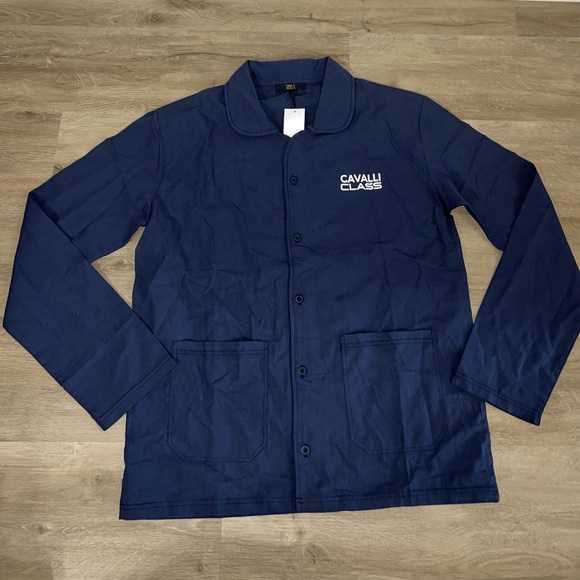 NWT Cavalli Class Roberto Button Down Pajama Shirt Logo Blue Size Large - Picture 1 of 4